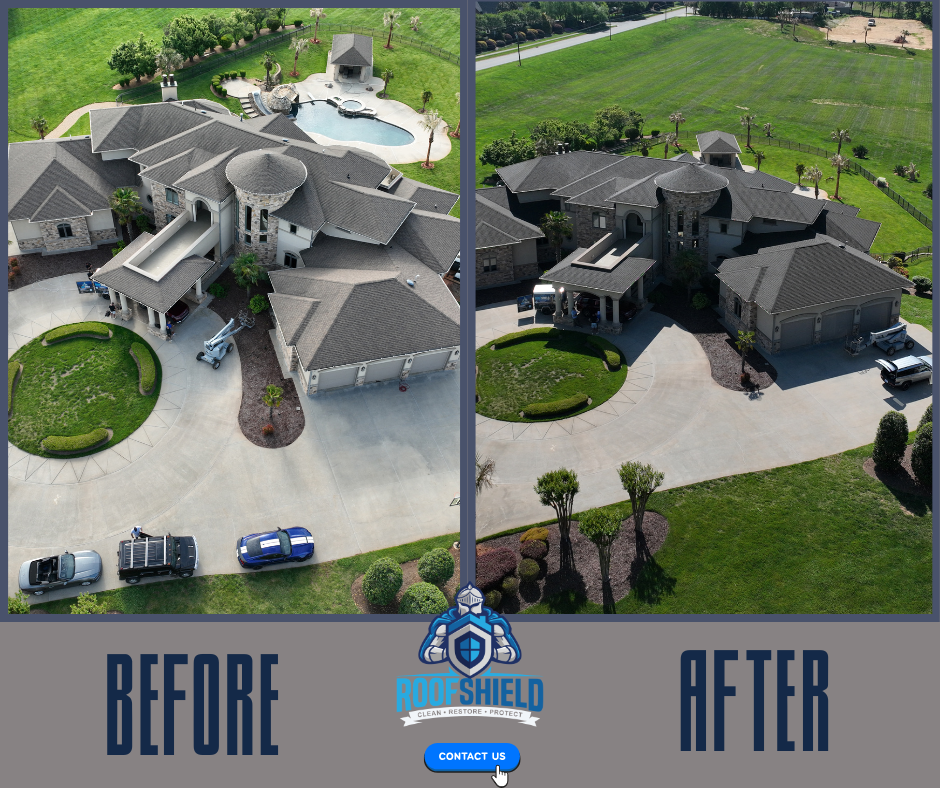 Steep-pitch asphalt shingle roof before Roof Shield showing patchy granule loss and sun-bleached streaking, next to the same roof after treatment with an even, revitalized finish